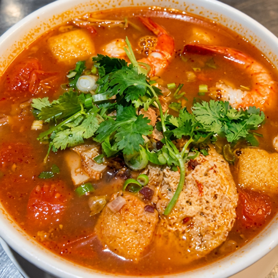 Bowl of spicy red soup with shrimp, tofu, vegetables, tomatoes, and fresh cilantro garnish on a restaurant table.