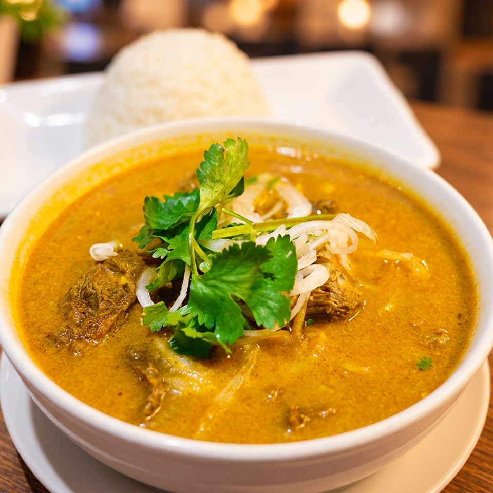 Bowl of golden curry topped with cilantro and bean sprouts, served with white rice on a wooden restaurant table.