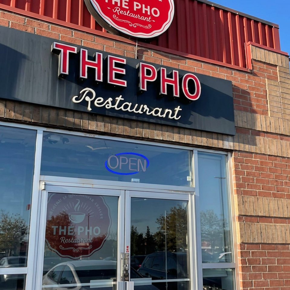 Exterior of The Pho Restaurant, featuring brick walls, prominent signage, glass entrance, and illuminated open sign.