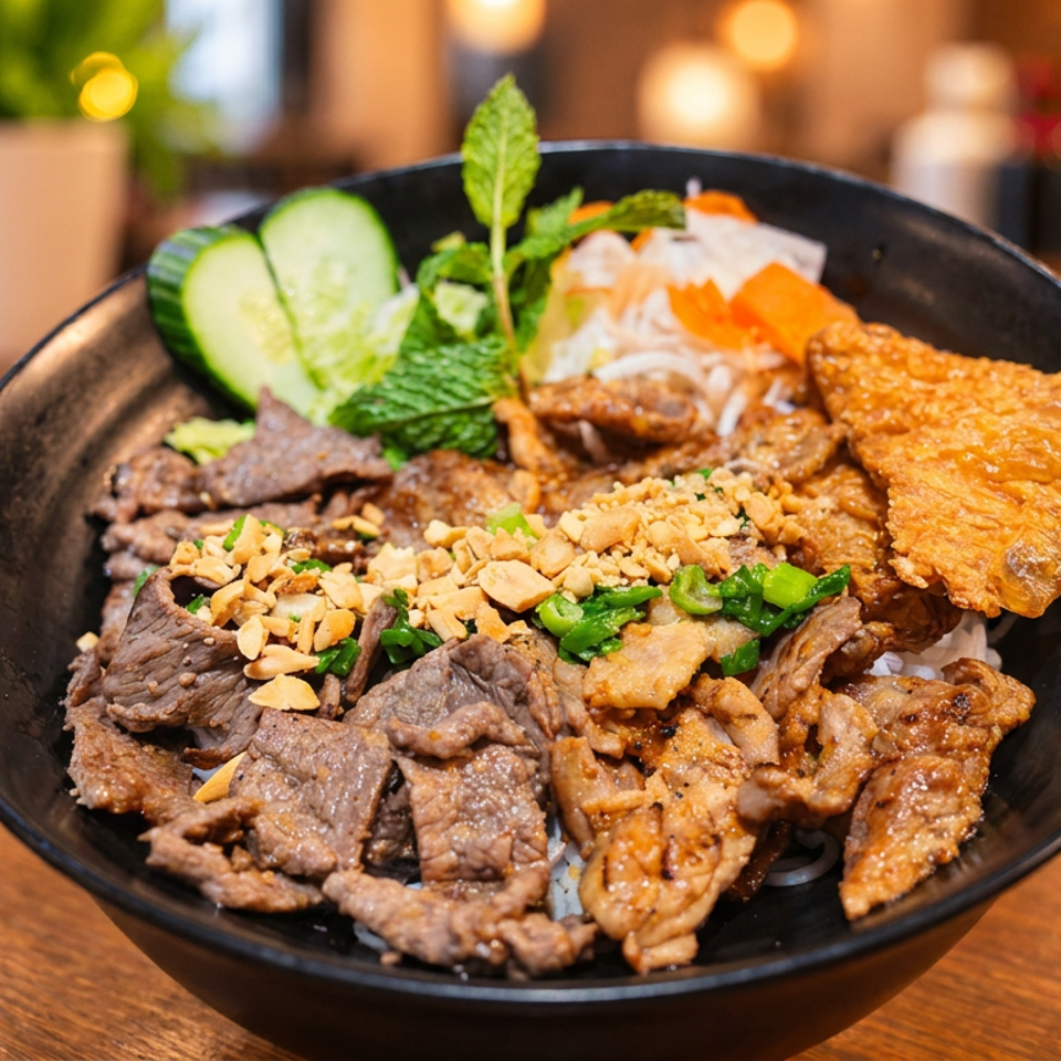 Vietnamese-style noodle bowl topped with grilled beef, fried egg, peanuts, vegetables, herbs, and crispy wonton.