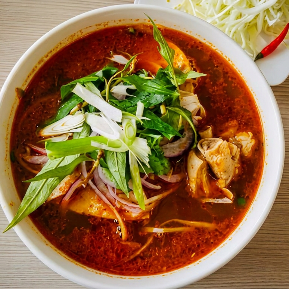 Bowl of spicy red broth with noodles, meat, bean sprouts, and fresh herbs, served with shredded cabbage and chili.
