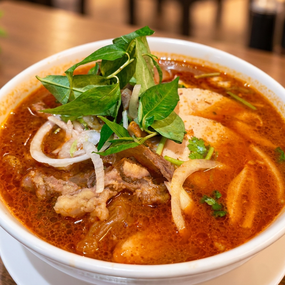 Bowl of richly spiced red soup with beef, onions, herbs, and vegetables on a wooden restaurant table.