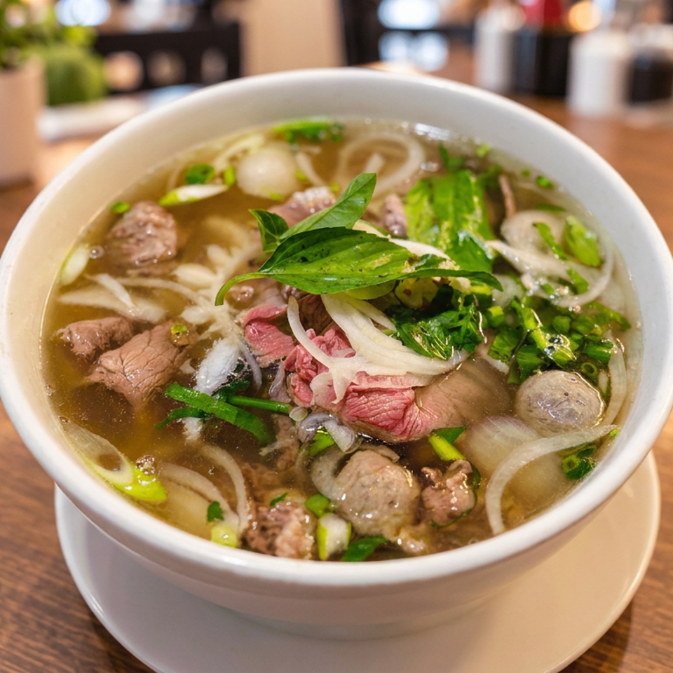 Bowl of Vietnamese pho with rice noodles, beef slices, meatballs, onions, scallions, and fresh herbs on a wooden restaurant table.