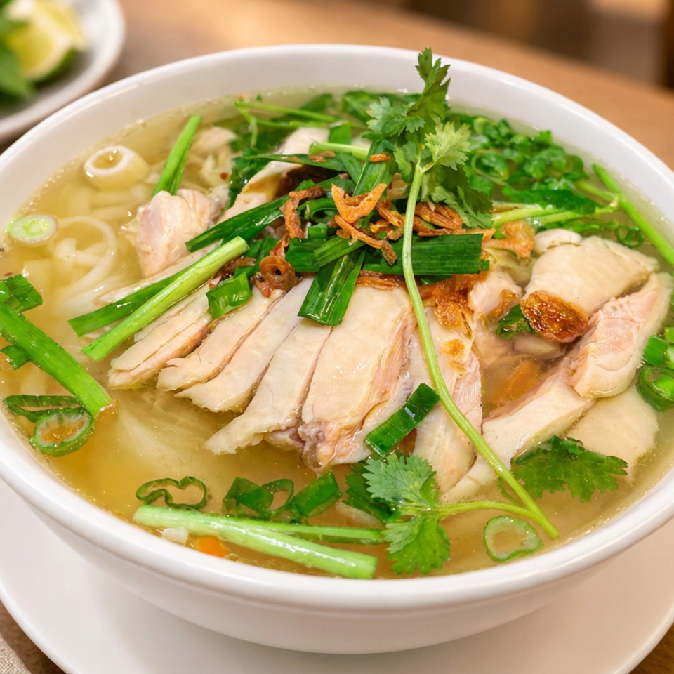 Bowl of Vietnamese chicken noodle soup topped with herbs, scallions, cilantro, and crispy fried onions on a wooden table.