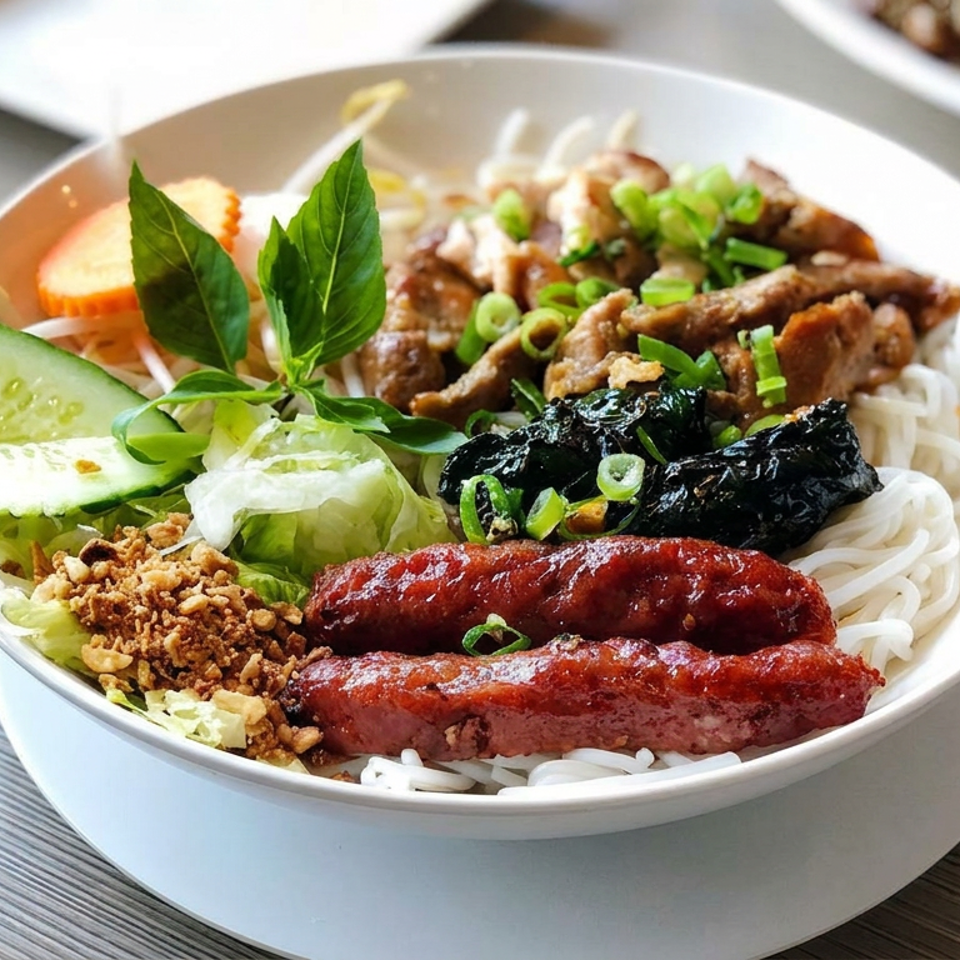 Vietnamese noodle bowl topped with grilled sausages, beef, cucumber, lettuce, herbs, scallions, and crispy onions.