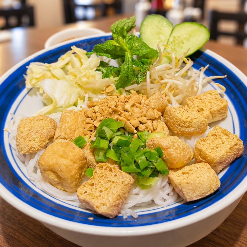 Vietnamese noodle bowl topped with fried tofu, vegetables, bean sprouts, herbs, cucumber, and crushed peanuts on a restaurant table.