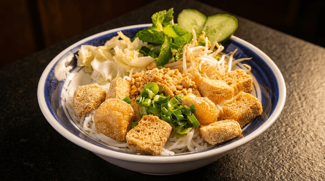 Vegan Rice Vermicelli with Fried Tofu.